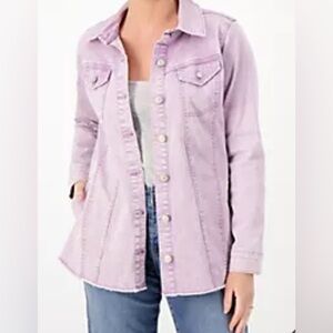 LOGO by Lori Goldstein Denim Jacket with Frayed Hem | Heather Purple | Size 6